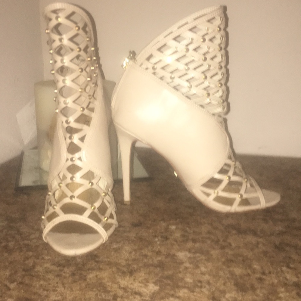 Cream/tan BEBE studded heeled ankle boots